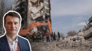 Till vänster, Vasyl Andreyev från Ukrainas byggfack, till höger: demolerat hus i Ukraina.