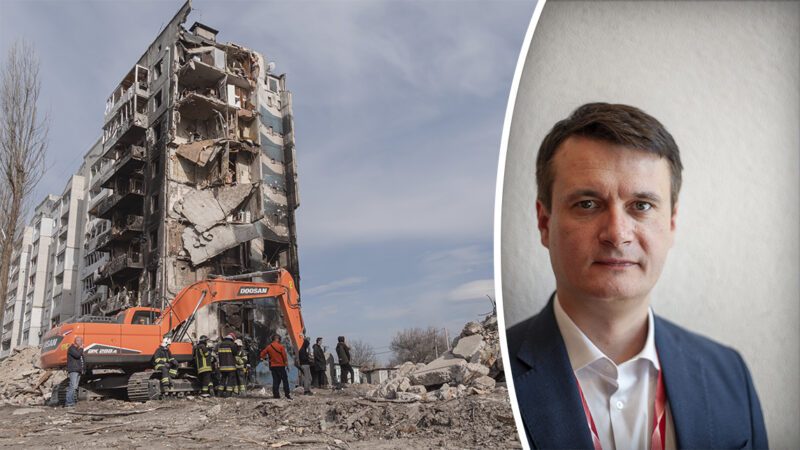 Till vänster, demolerat hus i Ukraina, till höger Vasyl Andreyev från Ukrainas byggfack.