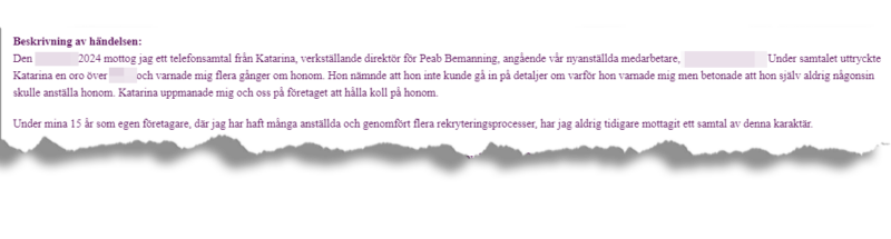 Peab Bemannings vd ringde Roberts nya chef och baktalade sin tidigare anställde.